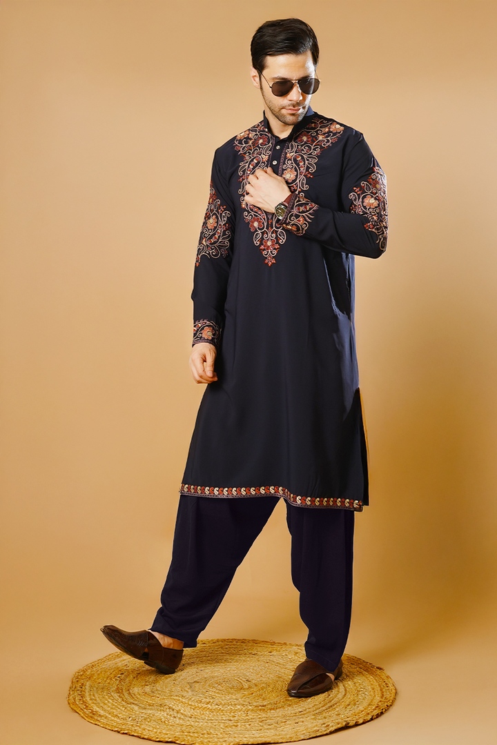 Cotton Blend Blue Kurta Patyala Set