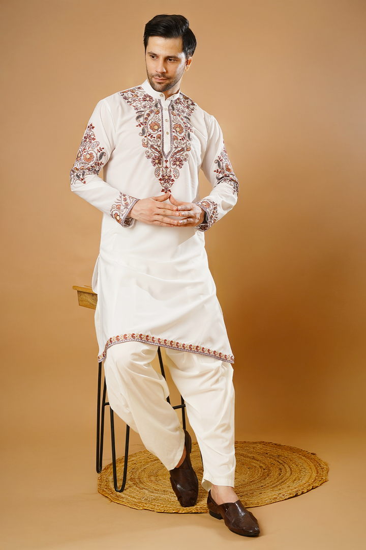 Cotton Blend White Kurta Patyala Set
