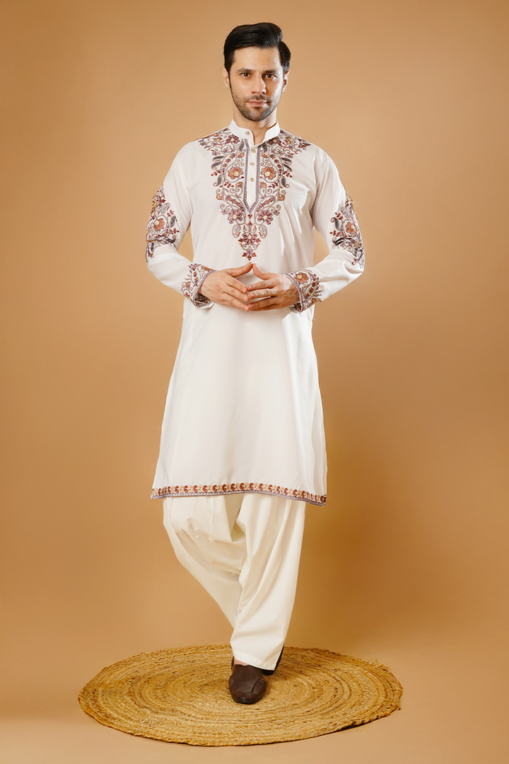 Cotton Blend White Kurta Patyala Set