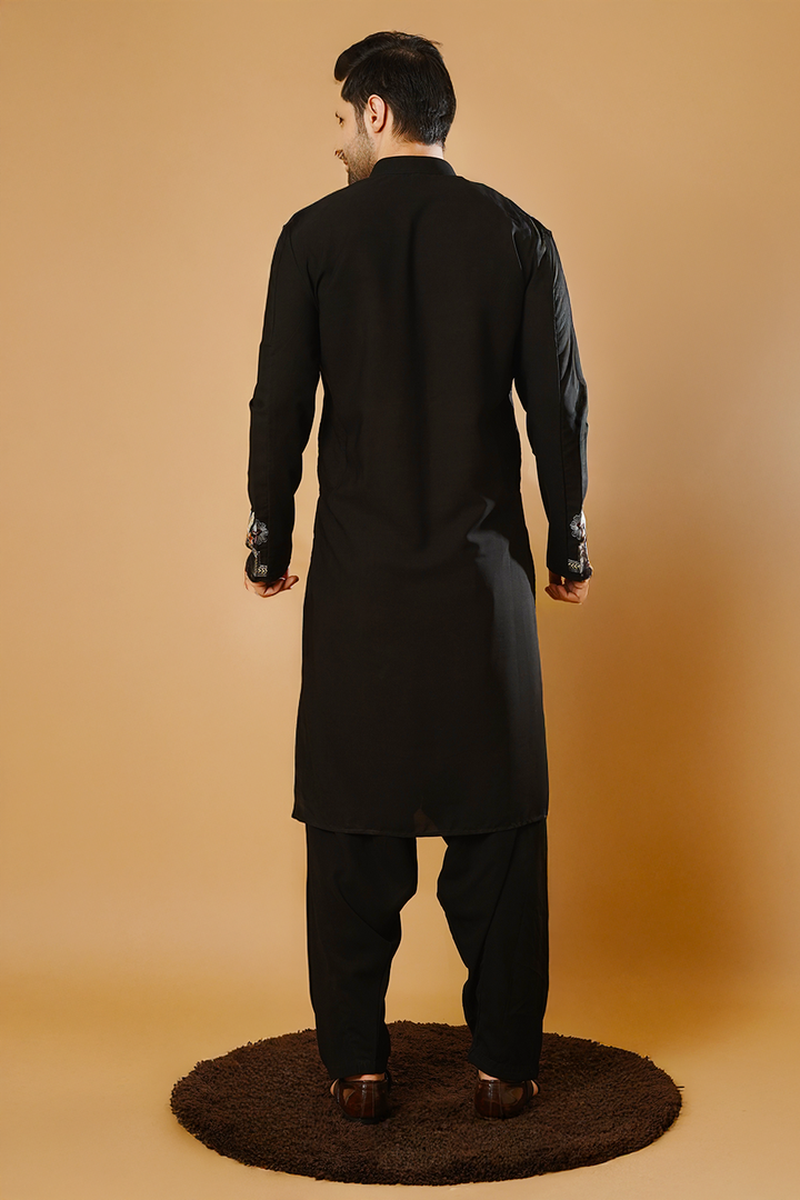 Cotton Blend Black Kurta Patyala Set