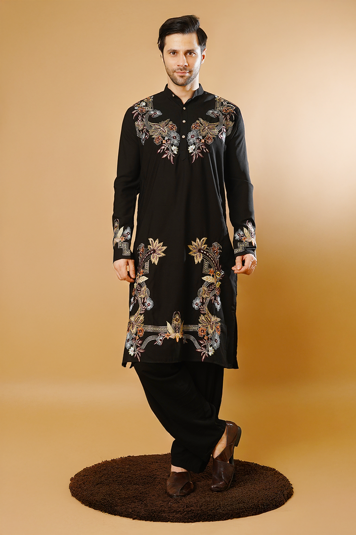 Cotton Blend Black Kurta Patyala Set