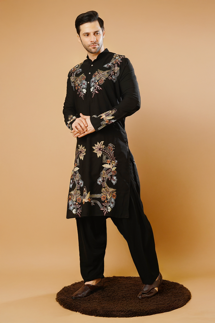 Cotton Blend Black Kurta Patyala Set