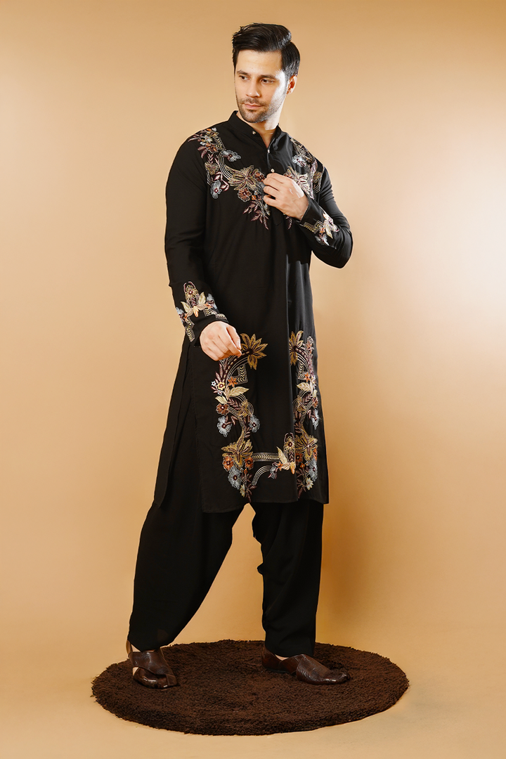 Cotton Blend Black Kurta Patyala Set