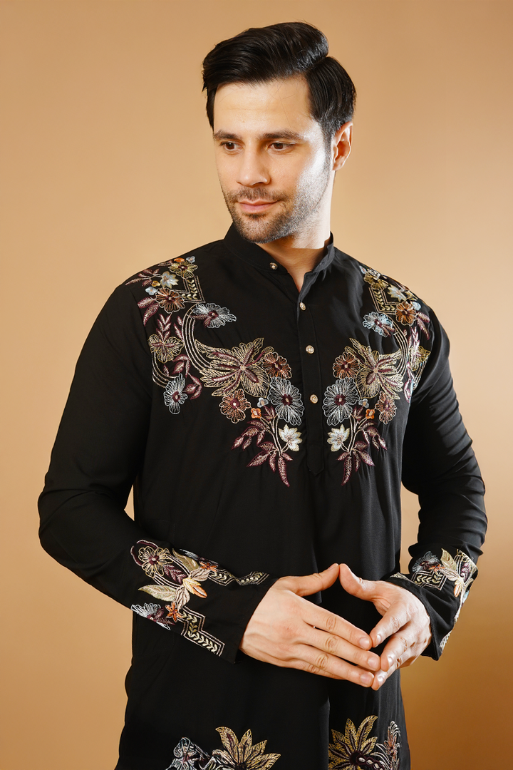 Cotton Blend Black Kurta Patyala Set