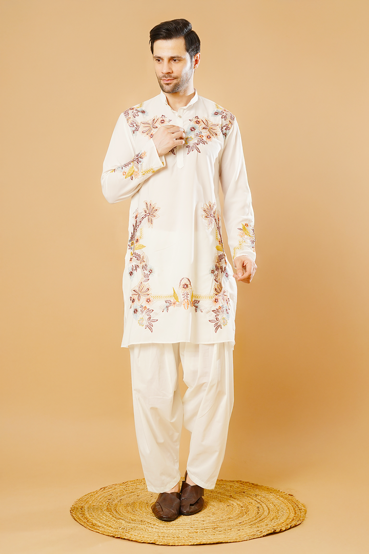 Cotton Blend White Kurta Patyala Set