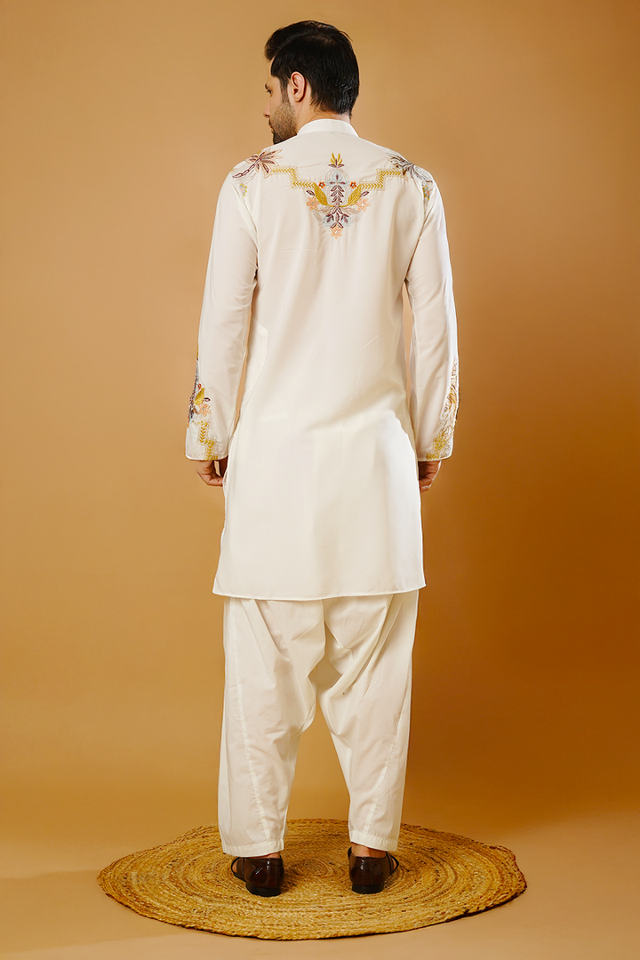 Cotton Blend White Kurta Patyala Set