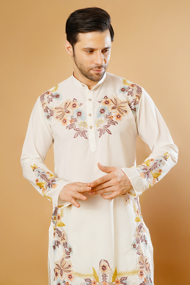 Cotton Blend White Kurta Patyala Set