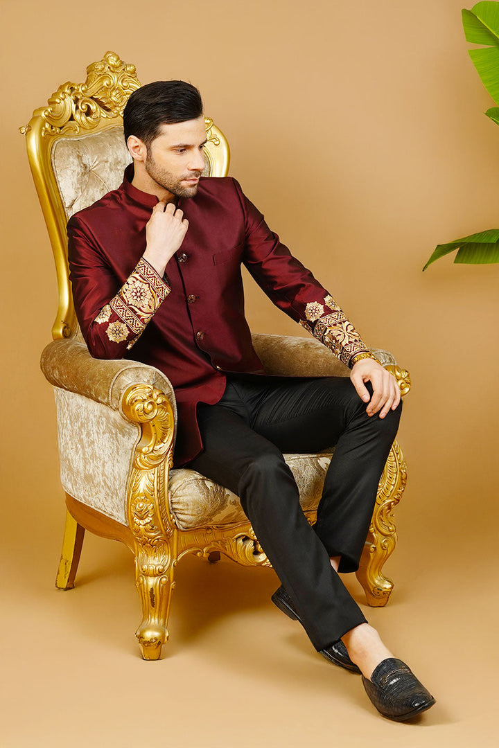 Velvet Embroidered Red Bandhgala