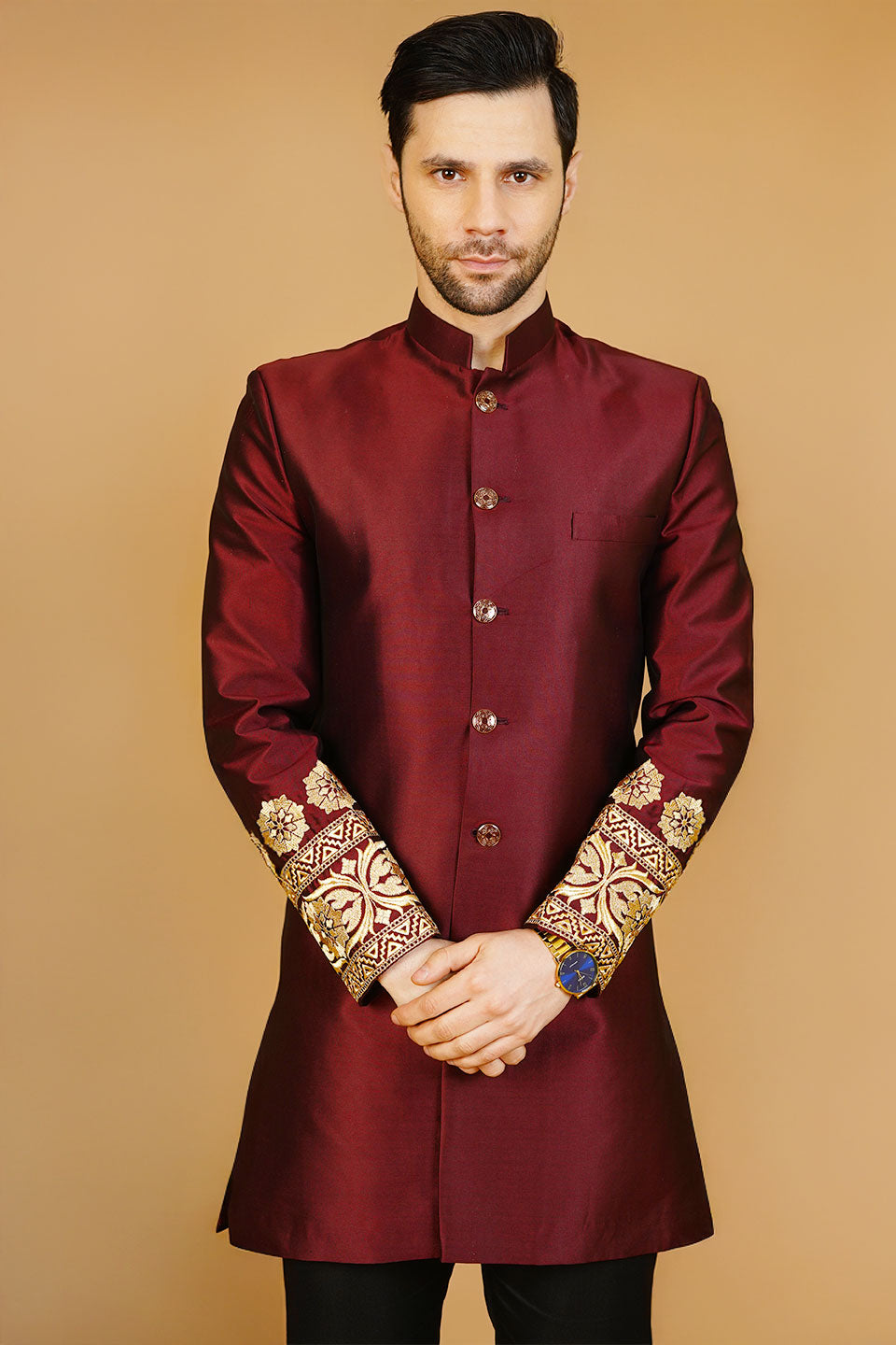 Velvet Embroidered Red Bandhgala