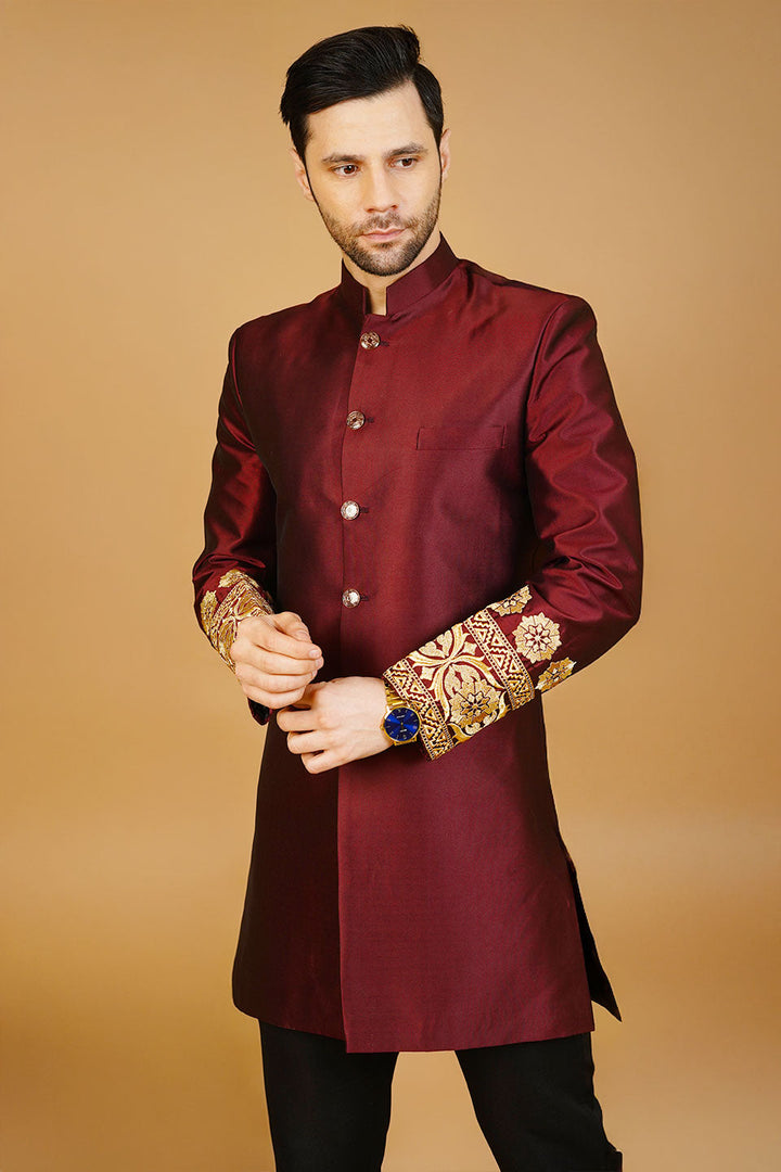 Velvet Embroidered Red Bandhgala