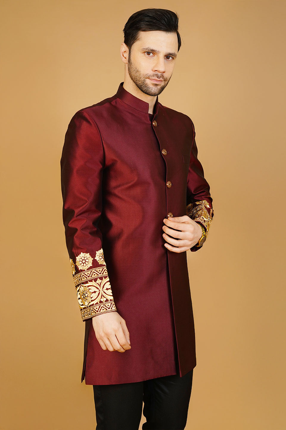 Velvet Embroidered Red Bandhgala