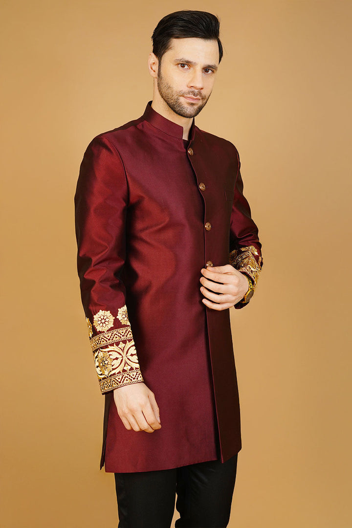 Velvet Embroidered Red Bandhgala