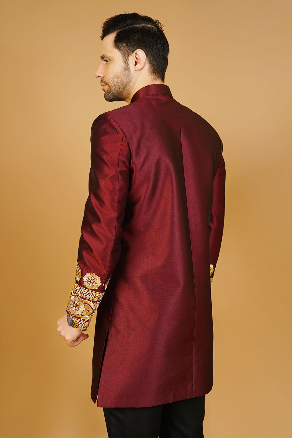 Velvet Embroidered Red Bandhgala