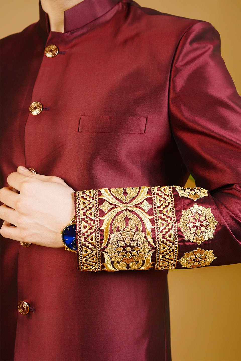 Velvet Embroidered Red Bandhgala