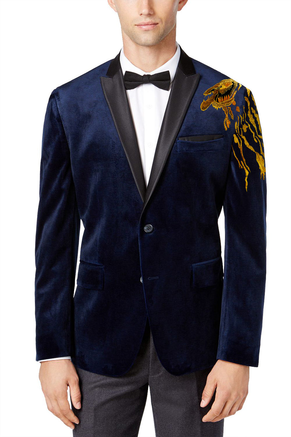 Gold Embroidered Blue Tuxedo Blazer