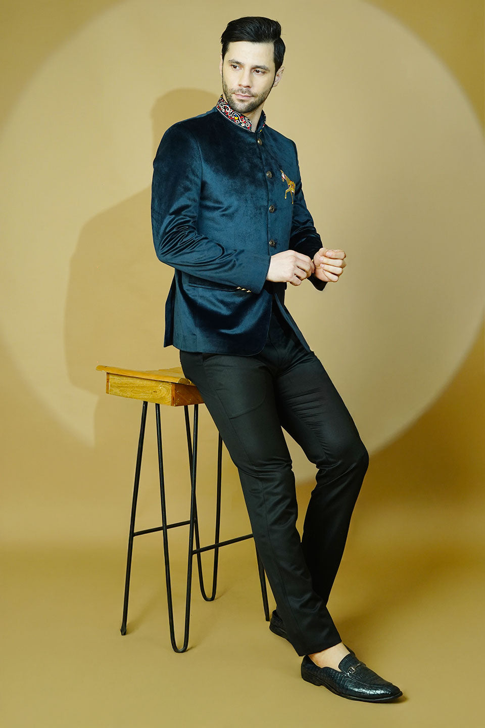 Velvet Embroidered Navy Blue Bandhgala