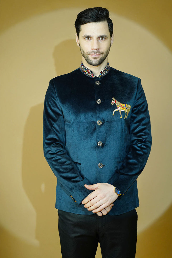 Velvet Embroidered Navy Blue Bandhgala