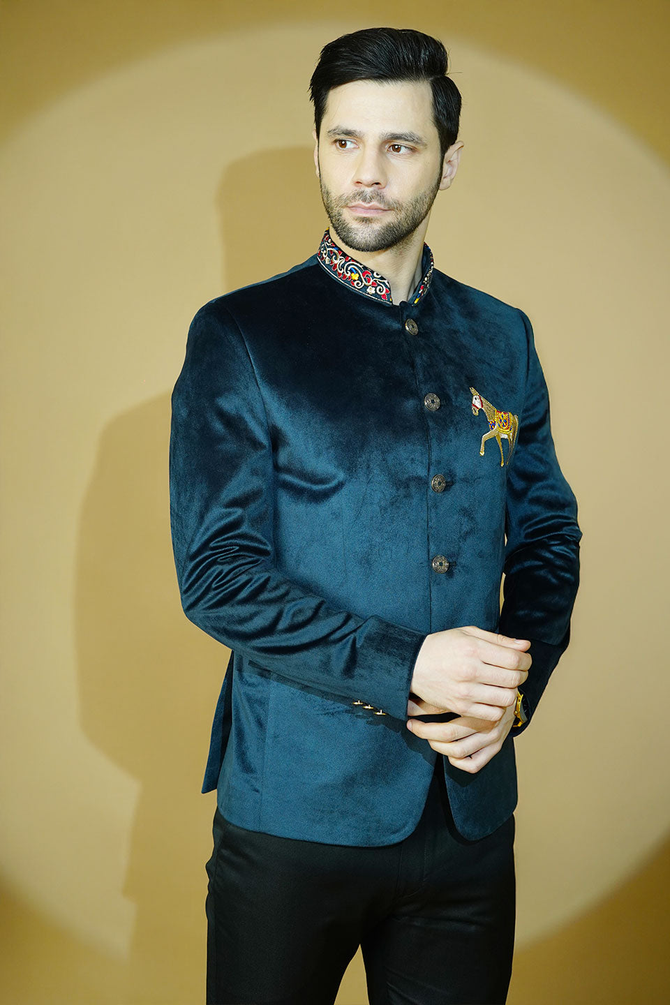Velvet Embroidered Navy Blue Bandhgala