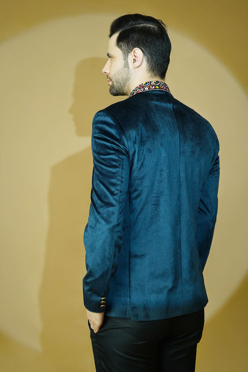 Velvet Embroidered Navy Blue Bandhgala