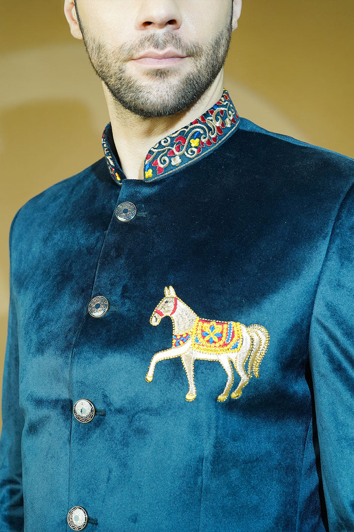 Velvet Embroidered Navy Blue Bandhgala
