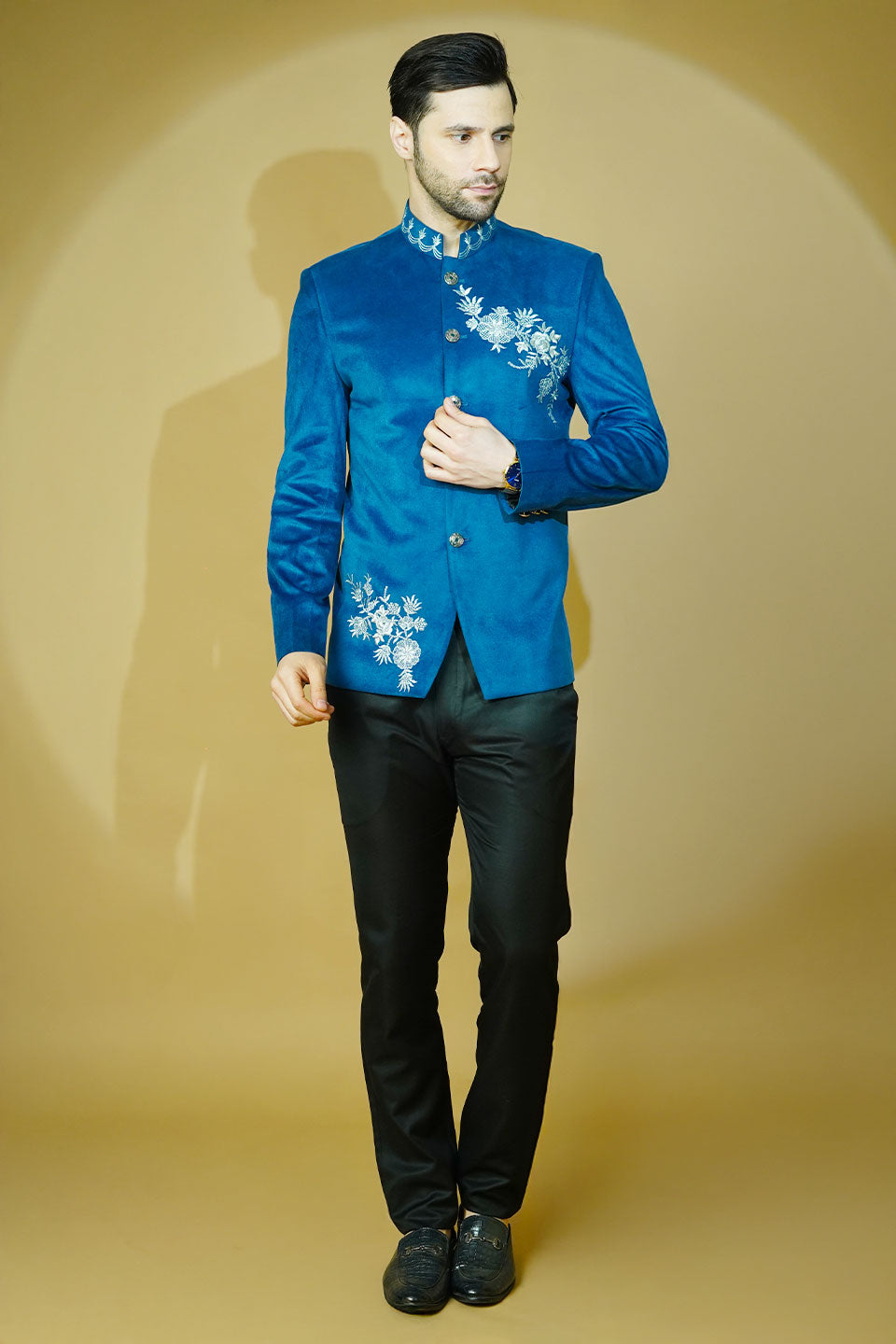 Velvet Embroidered Blue Bandhgala