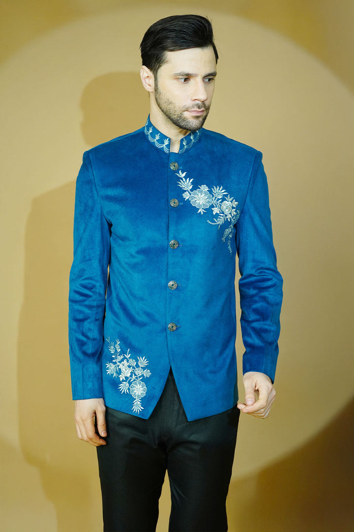 Velvet Embroidered Blue Bandhgala
