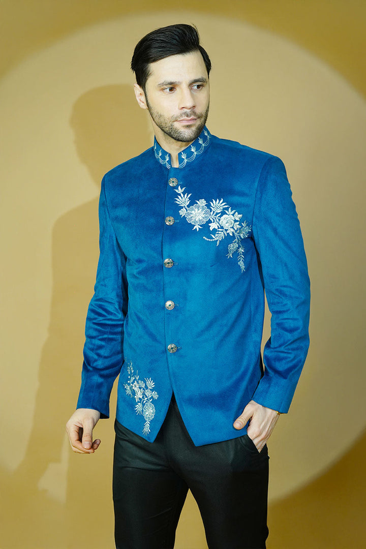 Velvet Embroidered Blue Bandhgala