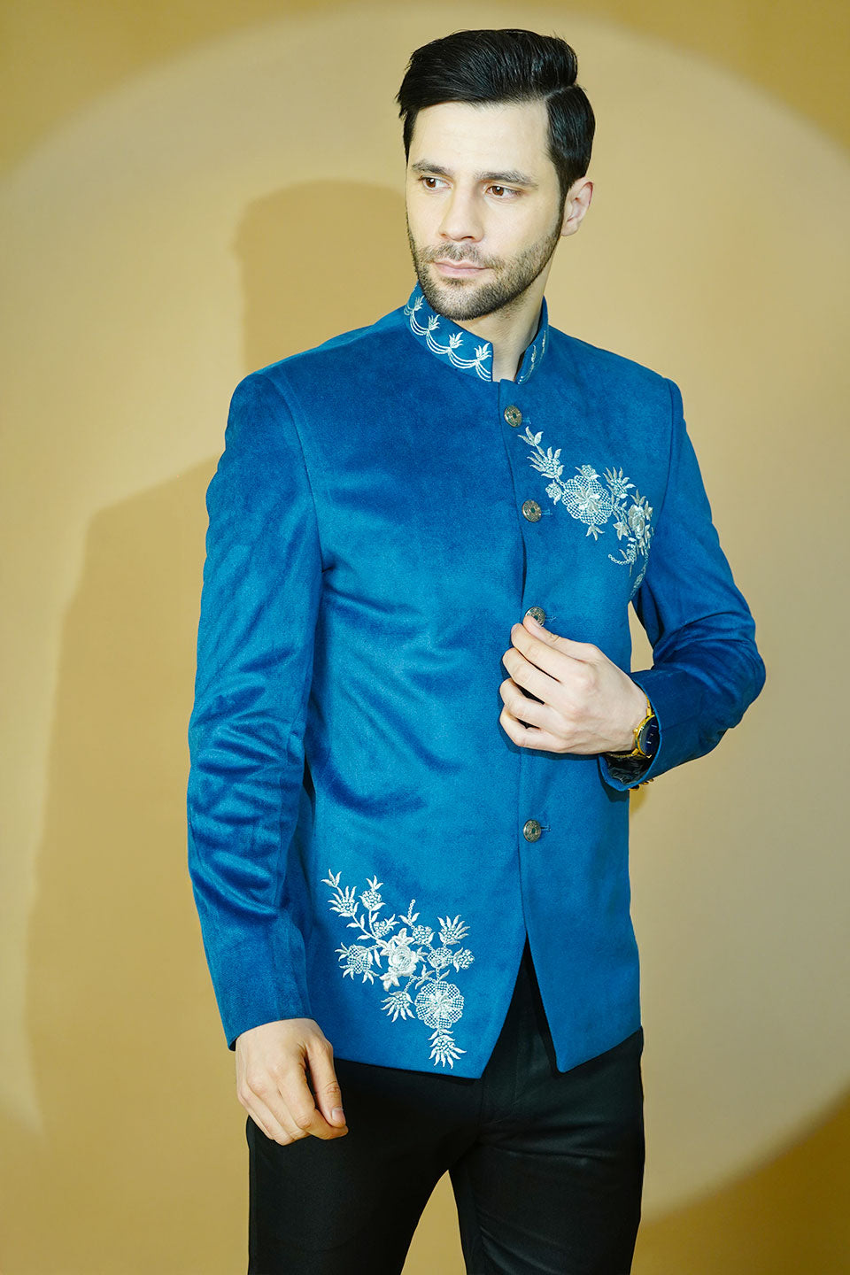 Velvet Embroidered Blue Bandhgala