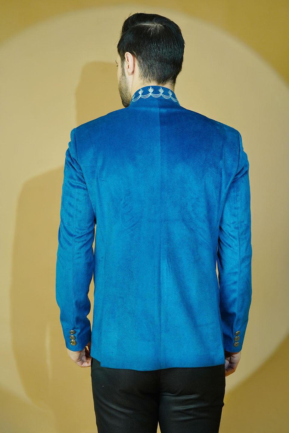 Velvet Embroidered Blue Bandhgala