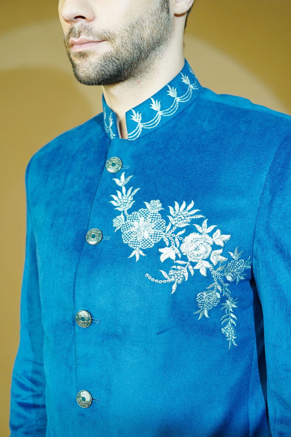 Velvet Embroidered Blue Bandhgala