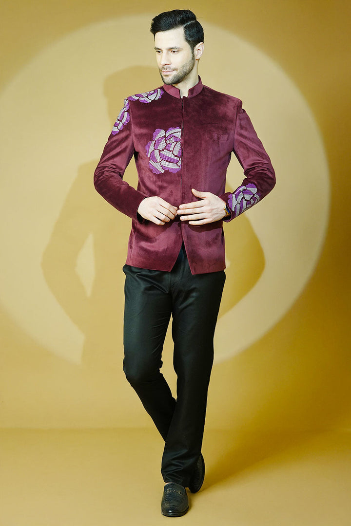 Velvet Embroidered Red Bandhgala