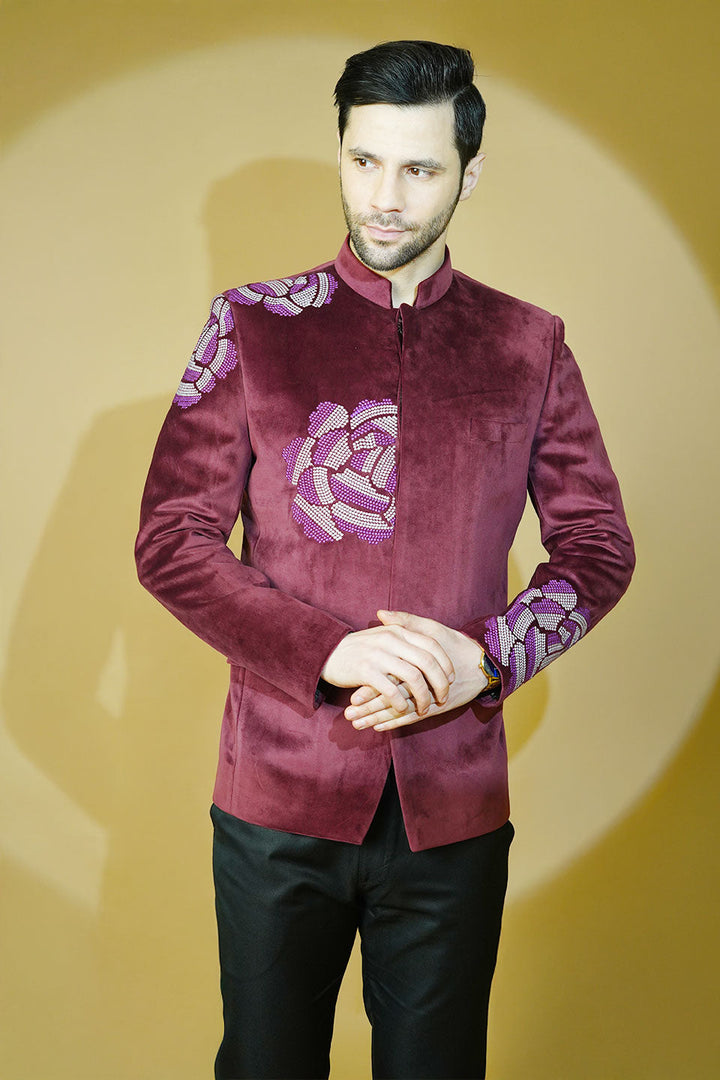 Velvet Embroidered Red Bandhgala