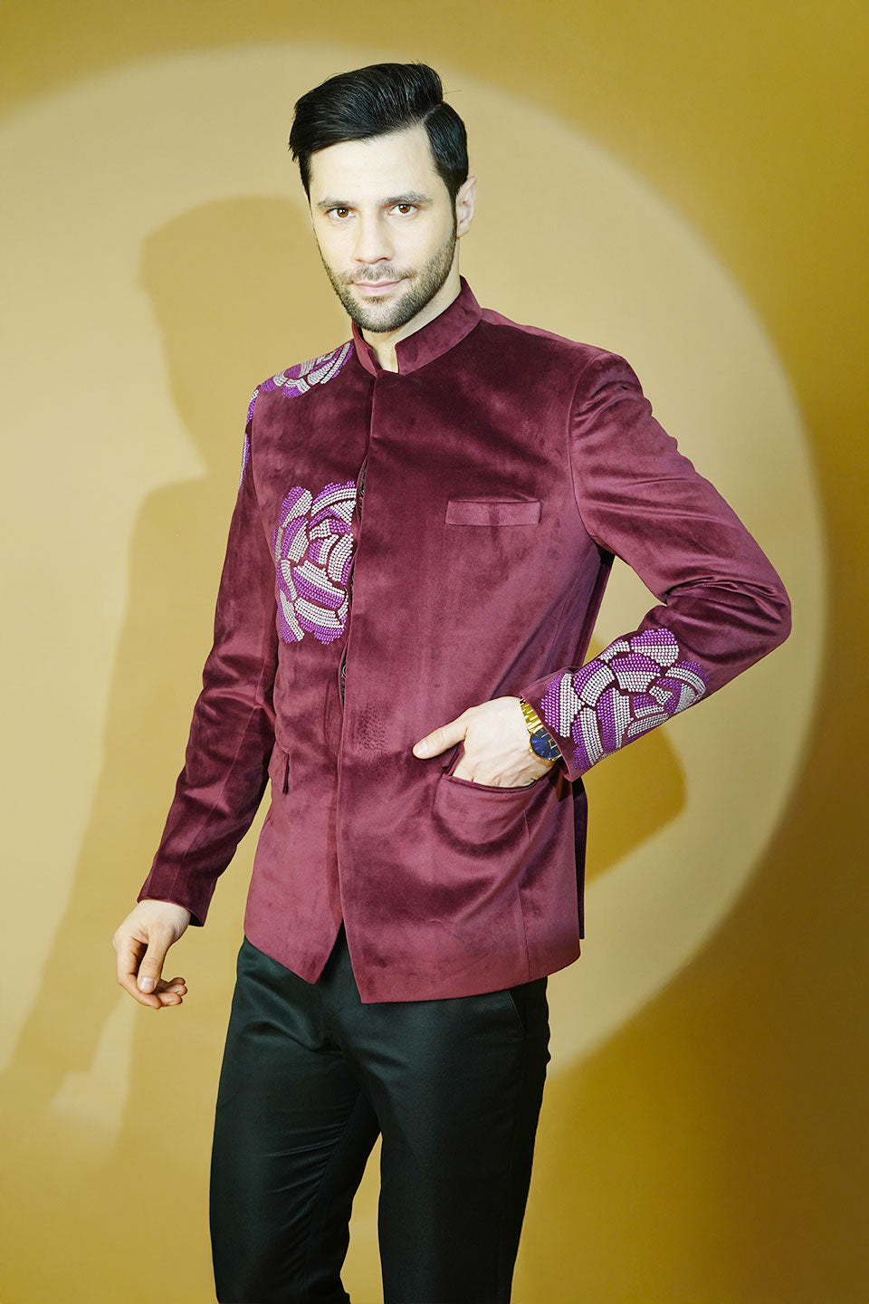 Velvet Embroidered Red Bandhgala