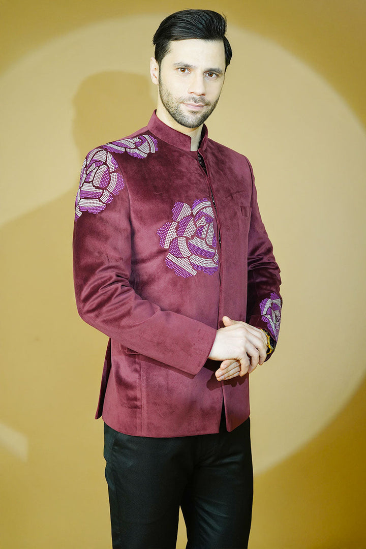 Velvet Embroidered Red Bandhgala