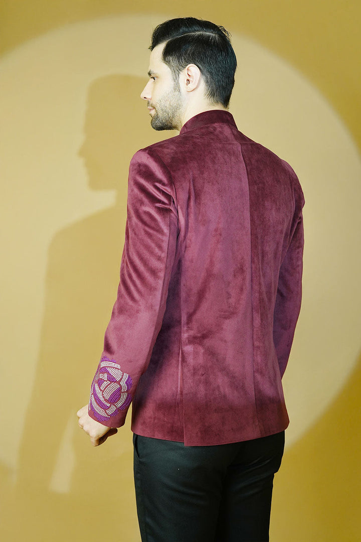 Velvet Embroidered Red Bandhgala