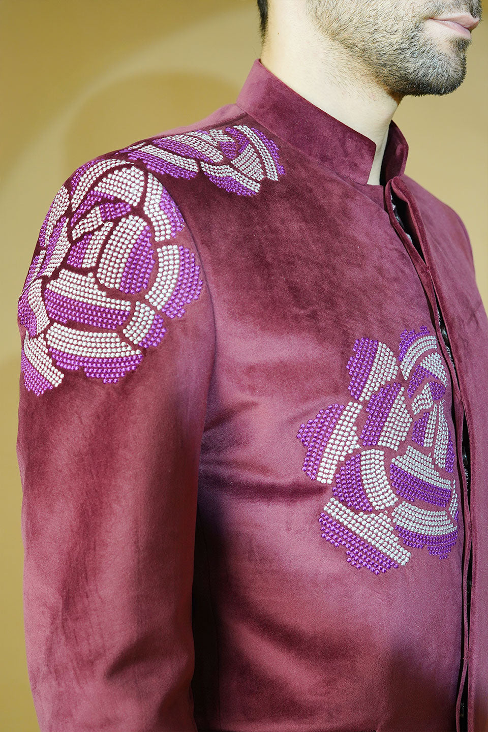 Velvet Embroidered Red Bandhgala