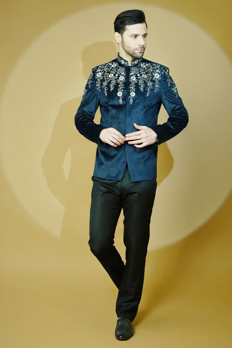 Velvet Embroidered Navy Blue Bandhgala