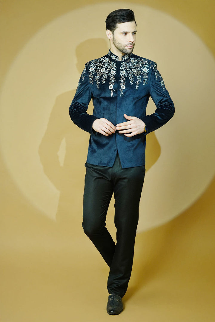 Velvet Embroidered Navy Blue Bandhgala