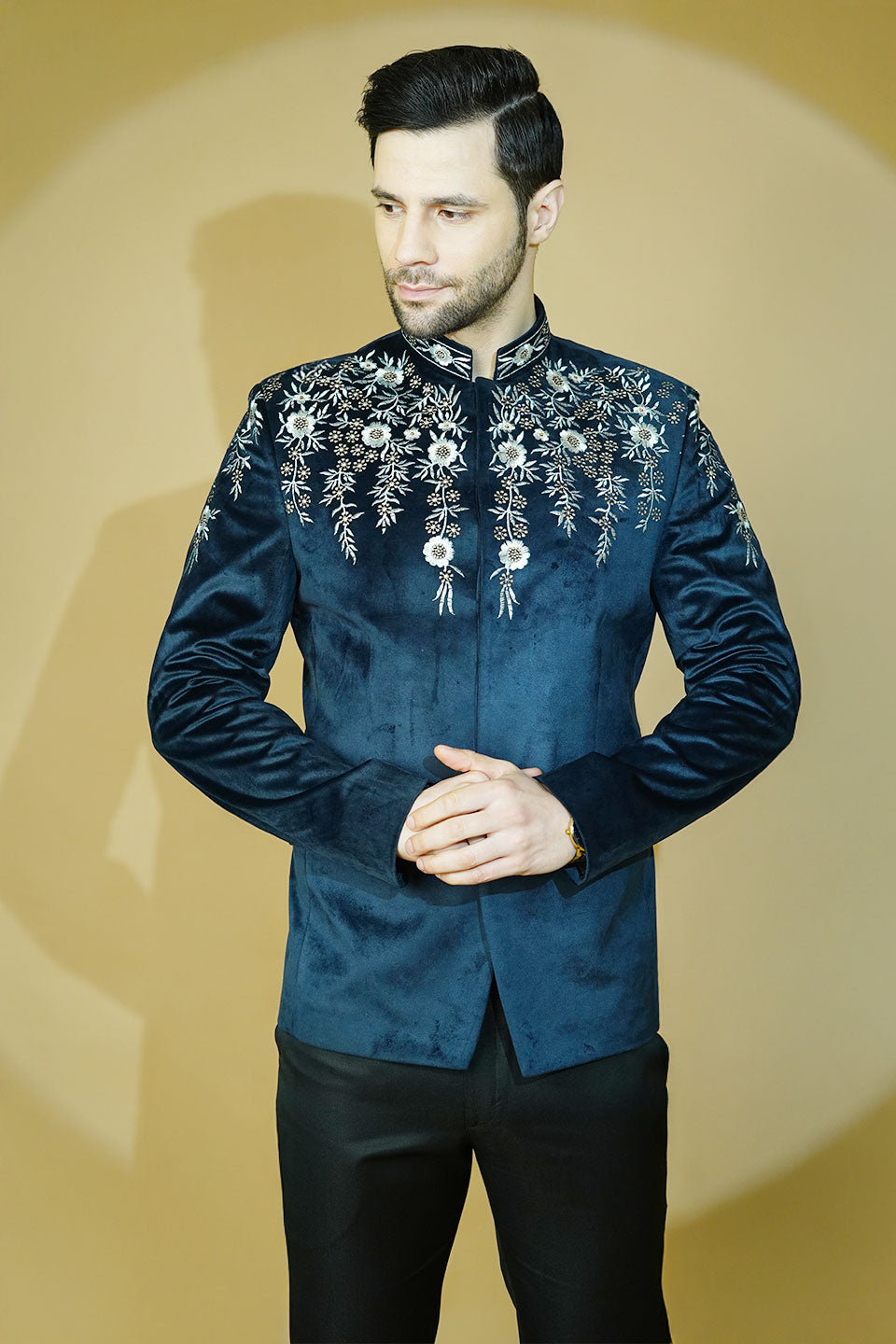 Velvet Embroidered Navy Blue Bandhgala