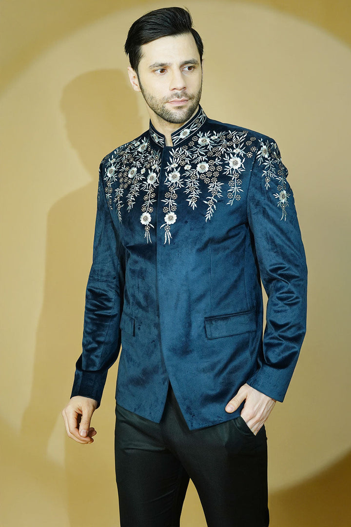 Velvet Embroidered Navy Blue Bandhgala