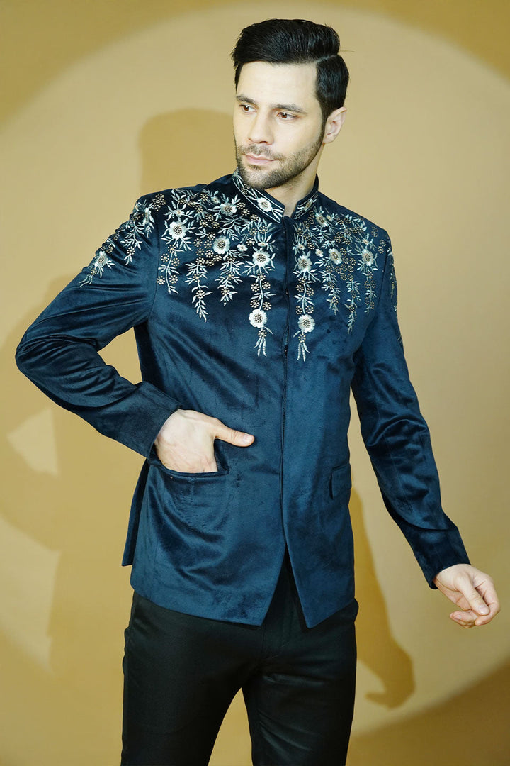 Velvet Embroidered Navy Blue Bandhgala