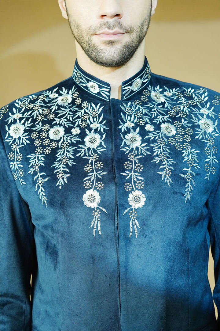 Velvet Embroidered Navy Blue Bandhgala