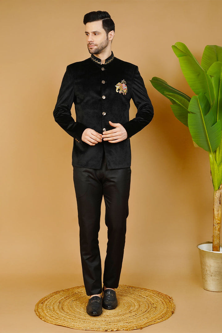 Velvet Embroidered Black Bandhgala