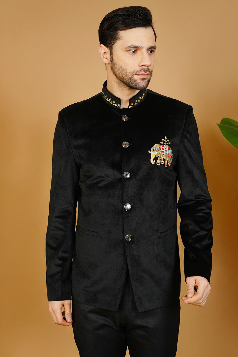 Velvet Embroidered Black Bandhgala