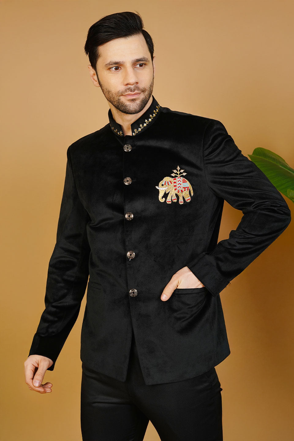Velvet Embroidered Black Bandhgala