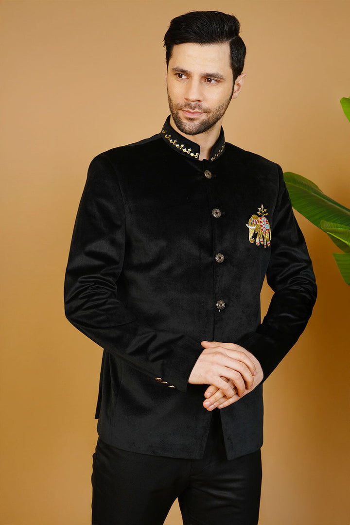Velvet Embroidered Black Bandhgala
