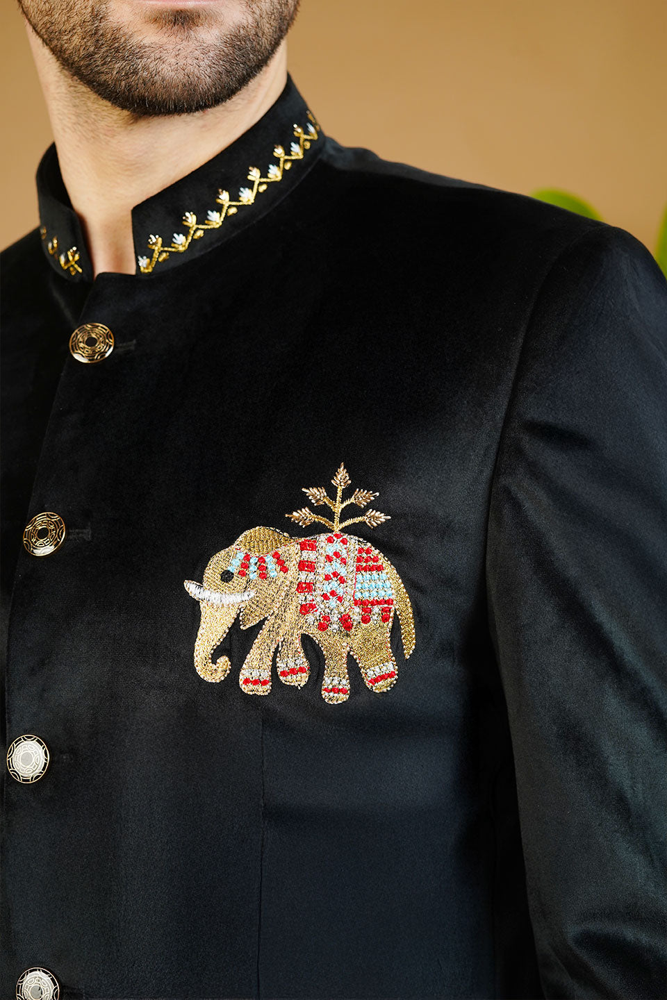 Velvet Embroidered Black Bandhgala