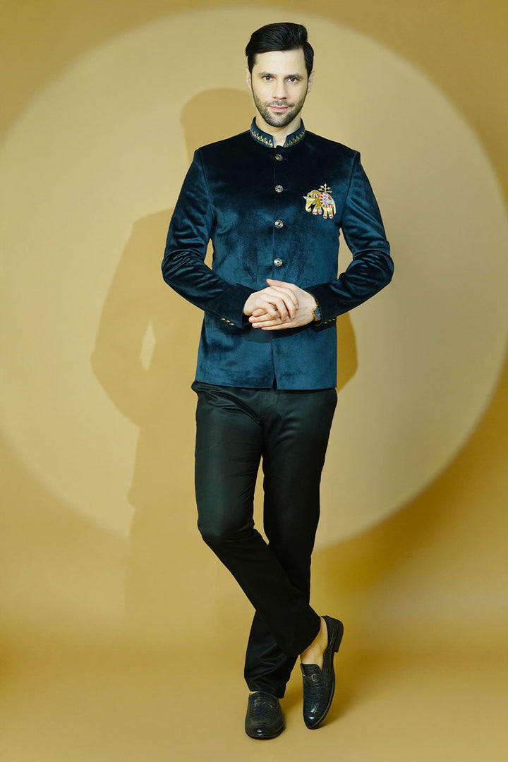 Velvet Embroidered Navy Blue Bandhgala
