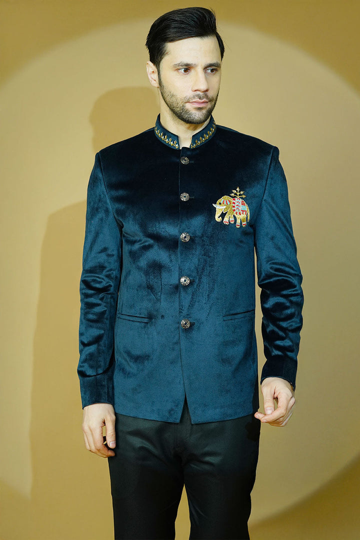 Velvet Embroidered Navy Blue Bandhgala