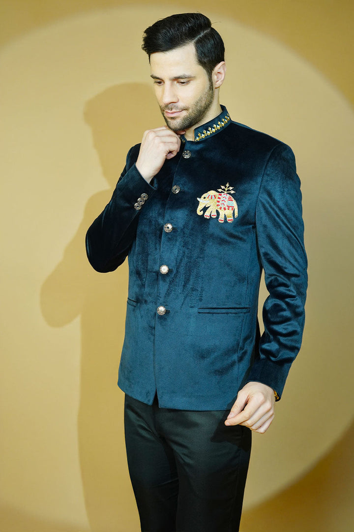 Velvet Embroidered Navy Blue Bandhgala